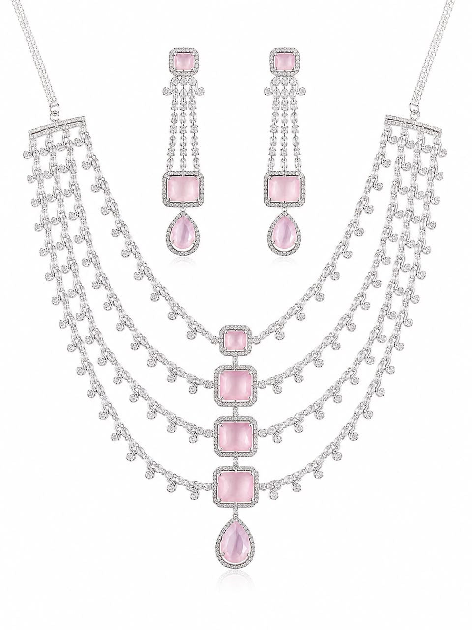 White Rhodium Multi-Layered Haram Necklace Set | Faux Pink Quartz & CZ | Ethnic Occasion Jewelry