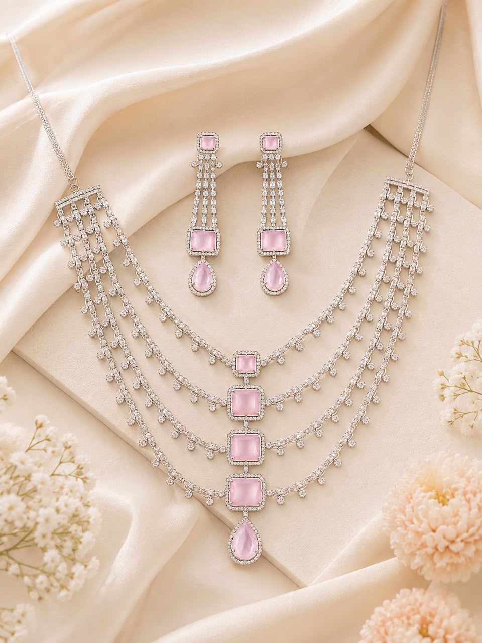 White Rhodium Multi-Layered Haram Necklace Set | Faux Pink Quartz & CZ | Ethnic Occasion Jewelry