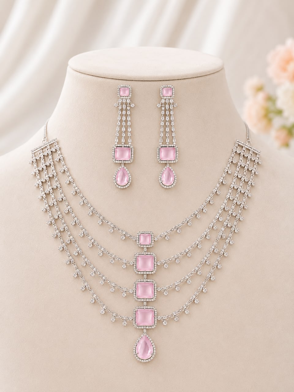 White Rhodium Multi-Layered Haram Necklace Set | Faux Pink Quartz & CZ | Ethnic Occasion Jewelry