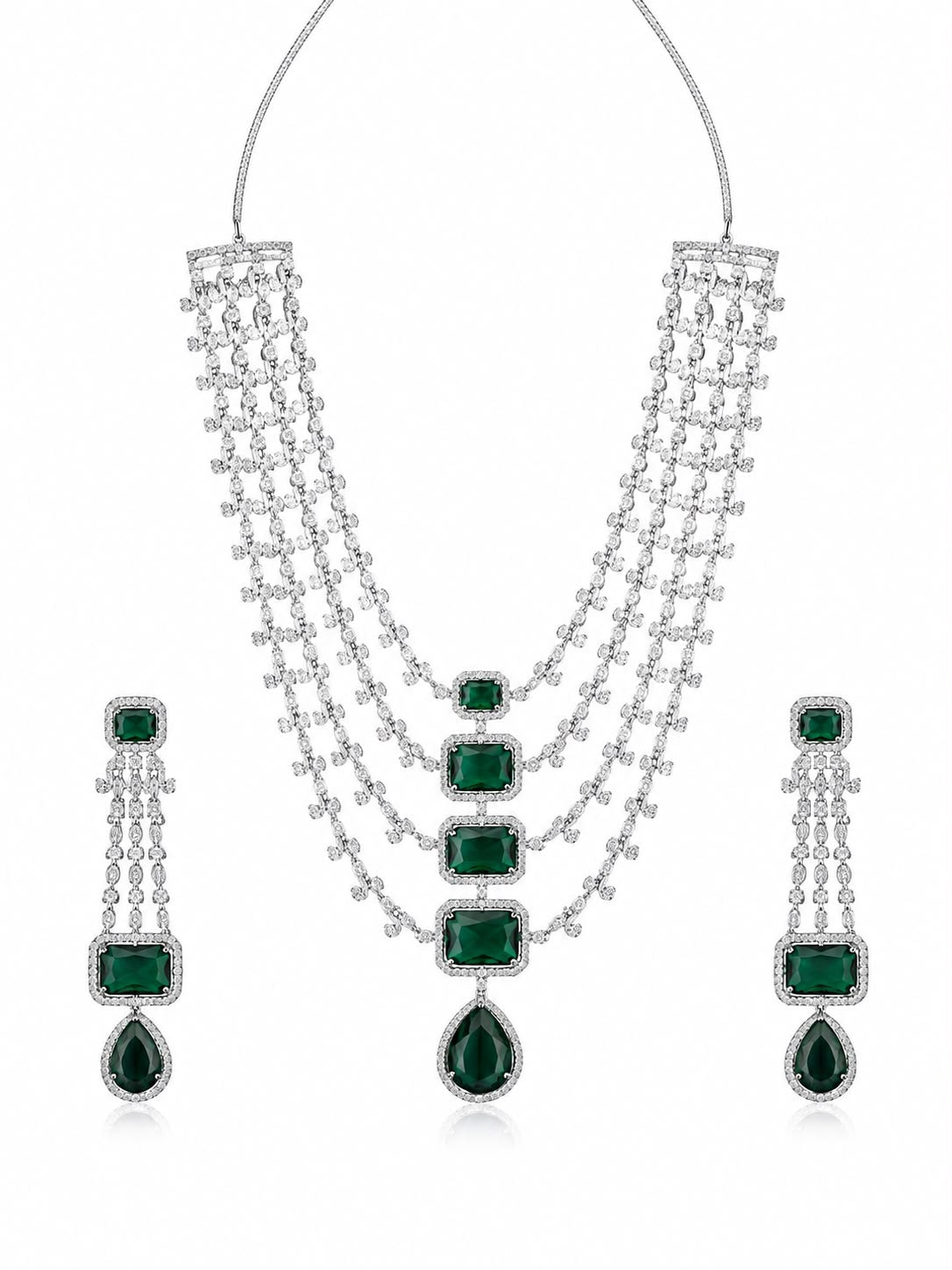 White Rhodium Multi-Layered Haram Necklace Set | Faux Pink Quartz & CZ | Ethnic Occasion Jewelry