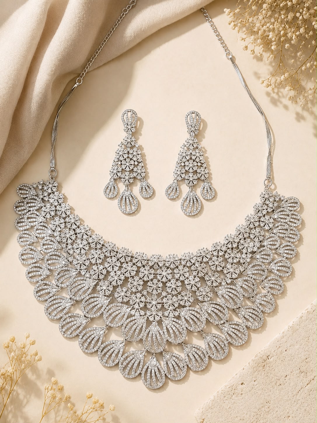 White Rhodium CZ Choker & Chandelier Earrings Set | Cubic Zirconia Flower Motif | Bridal Jewelry