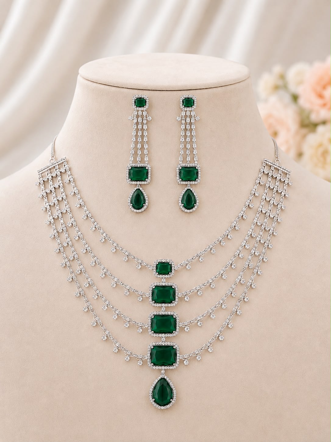 White Rhodium Multi-Layered Haram Necklace Set | Faux Pink Quartz & CZ | Ethnic Occasion Jewelry