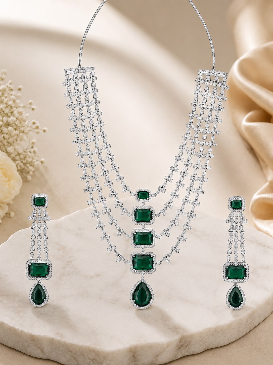 White Rhodium Multi-Layered Haram Necklace Set | Faux Pink Quartz & CZ | Ethnic Occasion Jewelry