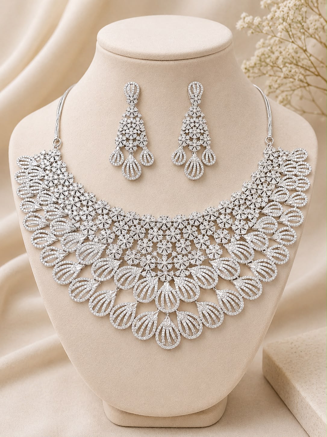 White Rhodium CZ Choker & Chandelier Earrings Set | Cubic Zirconia Flower Motif | Bridal Jewelry