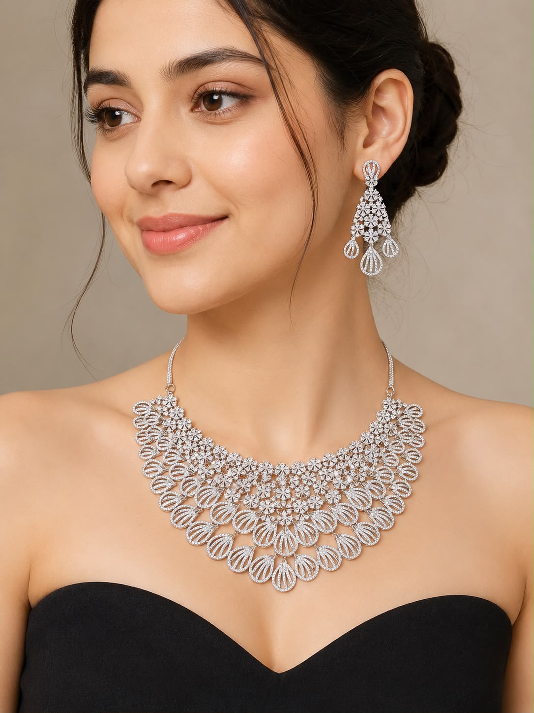 White Rhodium CZ Choker & Chandelier Earrings Set | Cubic Zirconia Flower Motif | Bridal Jewelry