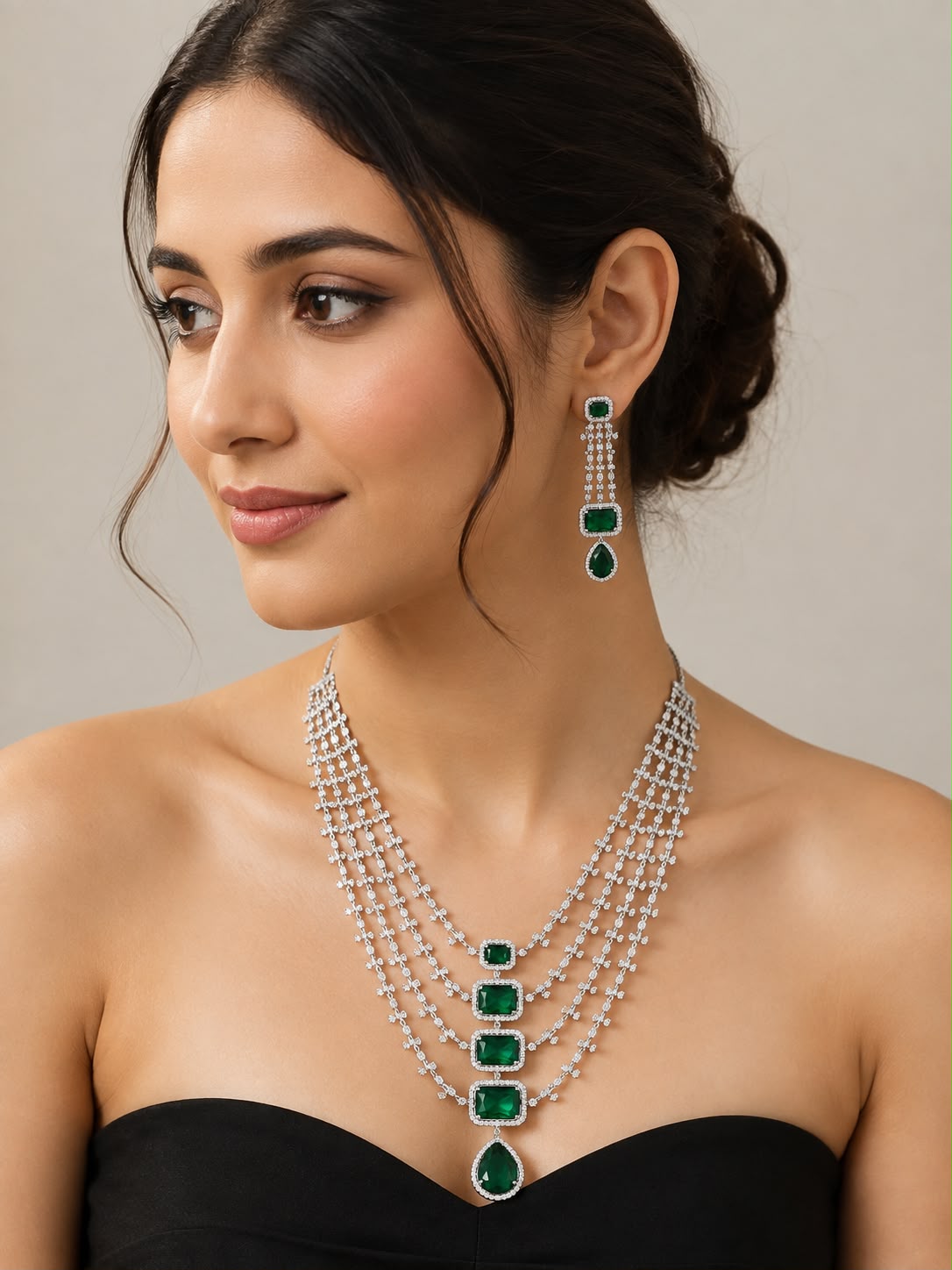White Rhodium Multi-Layered Haram Necklace Set | Faux Pink Quartz & CZ | Ethnic Occasion Jewelry