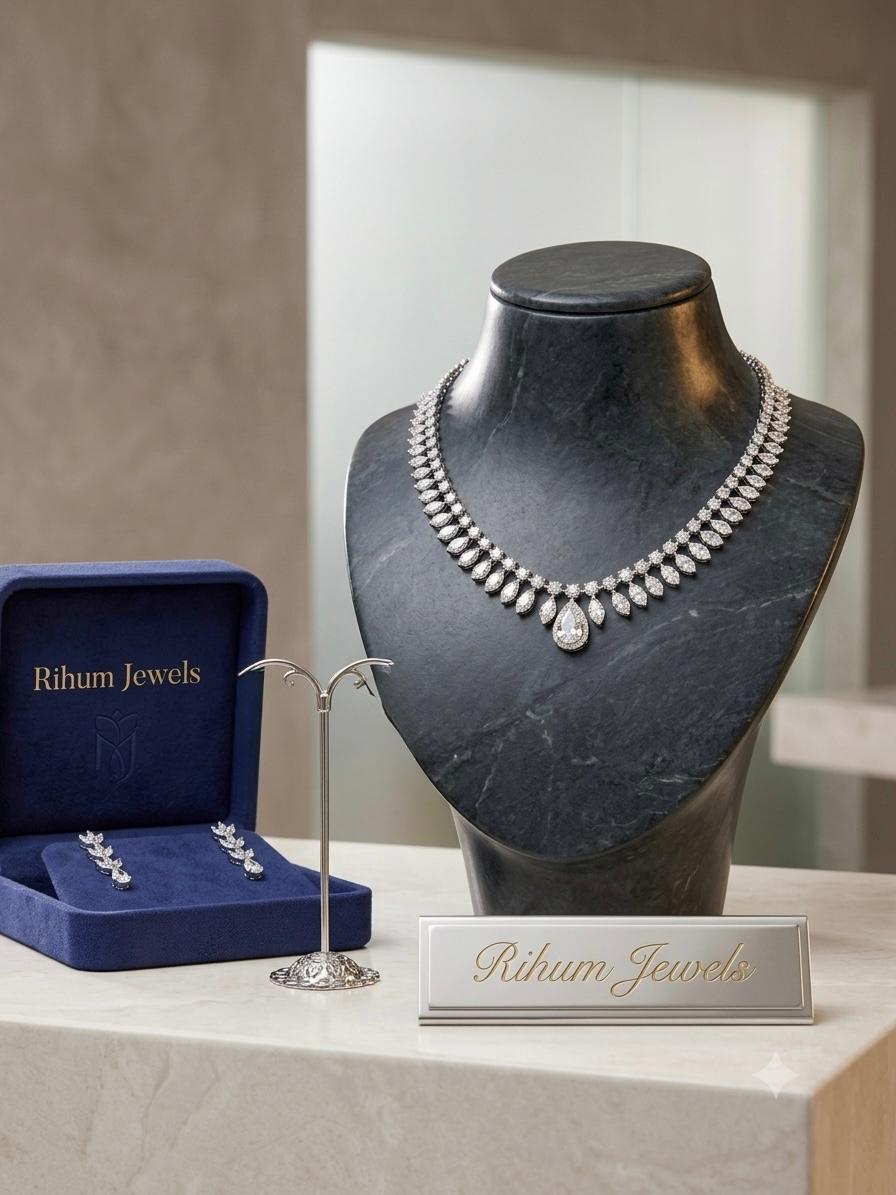 White Rhodium CZ Statement Choker Set | Marquise & Pear Cut American Diamond | Bridal Jewelry