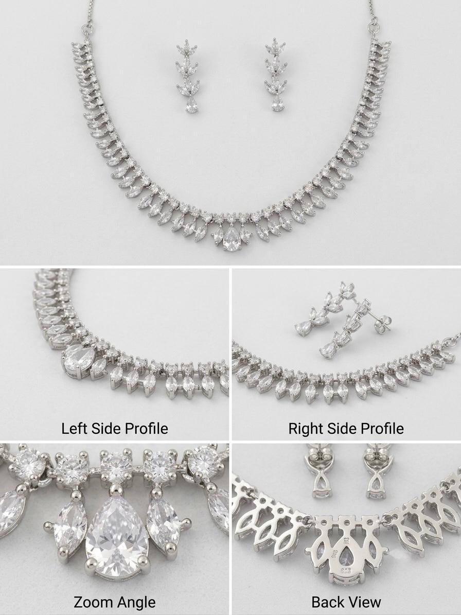 White Rhodium CZ Statement Choker Set | Marquise & Pear Cut American Diamond | Bridal Jewelry
