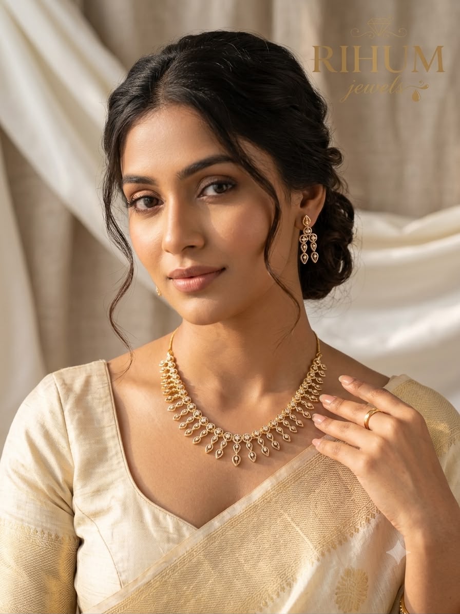 Two-Tone Gold-Plated Choker Necklace Set with CZ Dangling Earrings | American Diamond Ethnic Jewelry