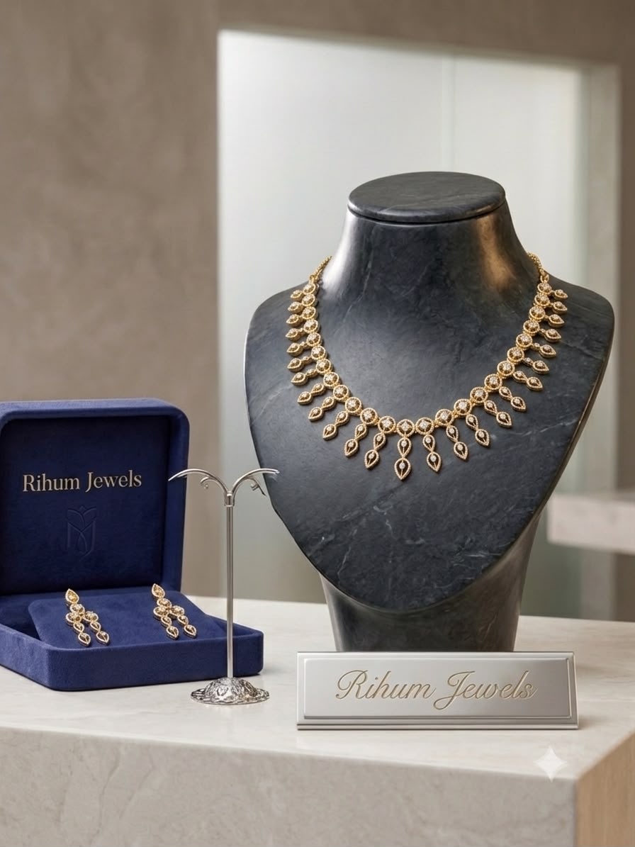 Two-Tone Gold-Plated Choker Necklace Set with CZ Dangling Earrings | American Diamond Ethnic Jewelry