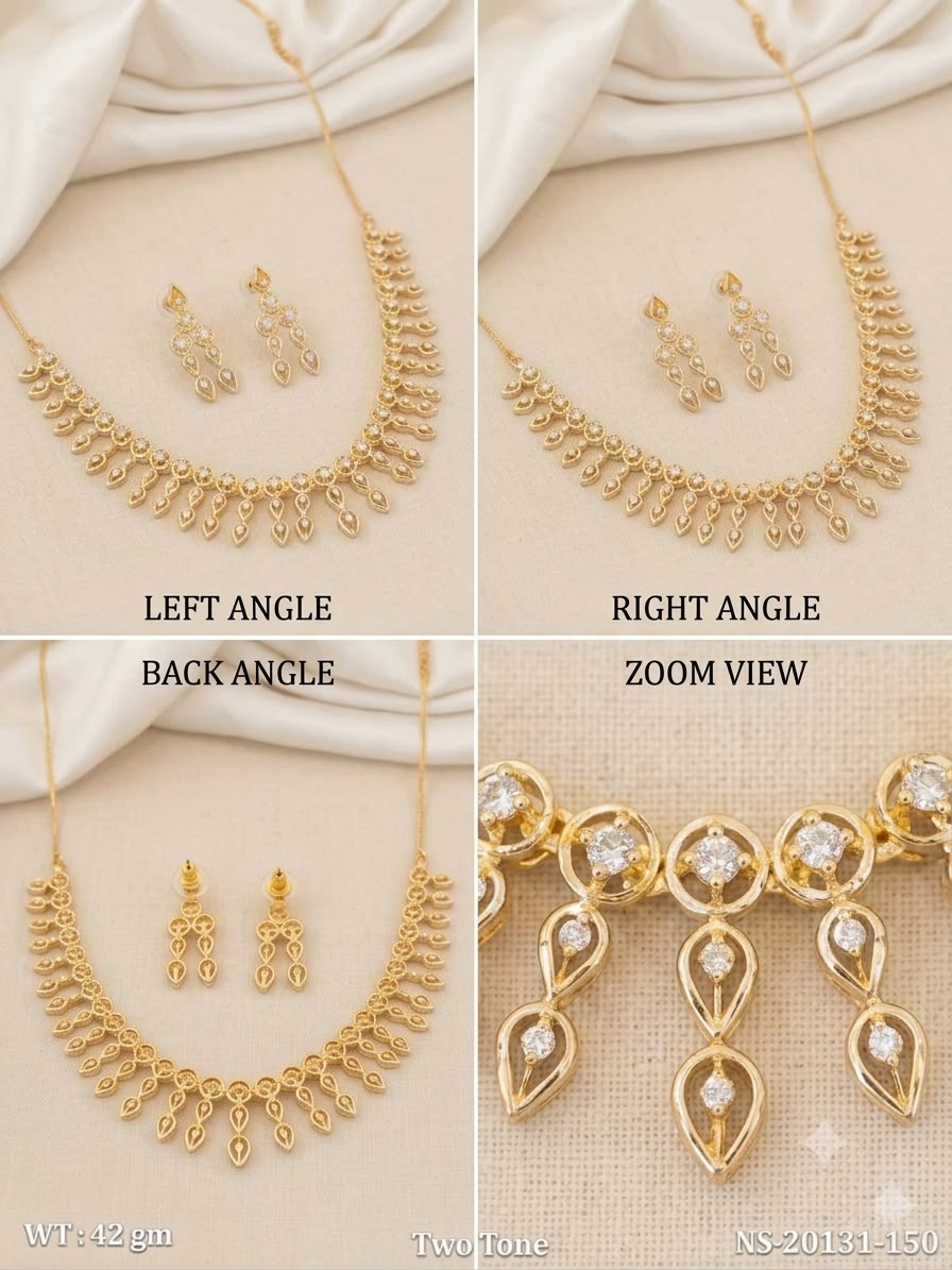 Two-Tone Gold-Plated Choker Necklace Set with CZ Dangling Earrings | American Diamond Ethnic Jewelry