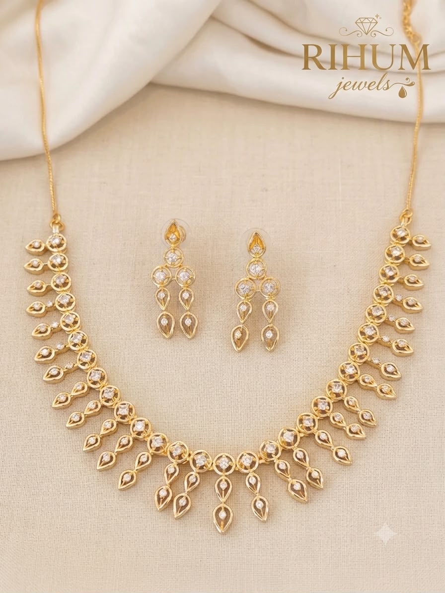 Two-Tone Gold-Plated Choker Necklace Set with CZ Dangling Earrings | American Diamond Ethnic Jewelry