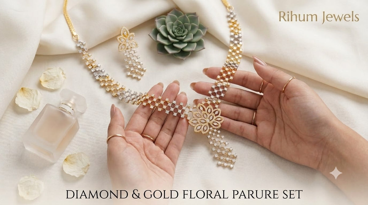 Two-Tone Gold & Silver CZ Necklace Set with Drop Earrings | American Diamond | Ethnic Bridal Jewelry