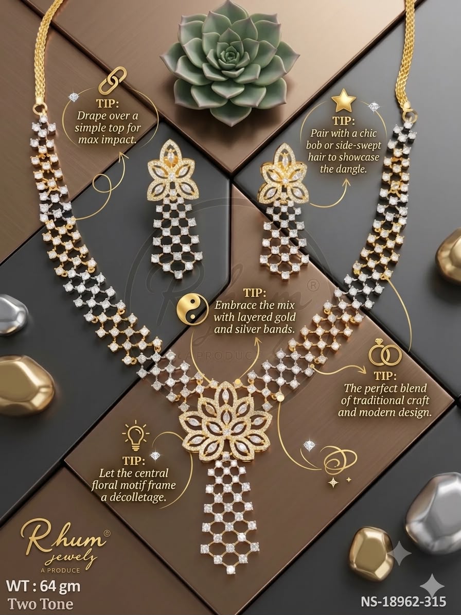 Two-Tone Gold & Silver CZ Necklace Set with Drop Earrings | American Diamond | Ethnic Bridal Jewelry