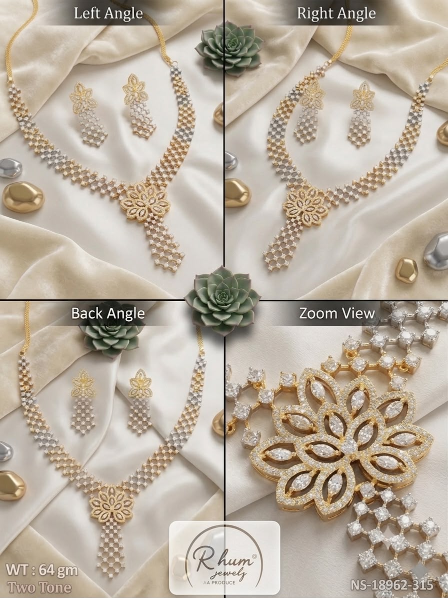 Two-Tone Gold & Silver CZ Necklace Set with Drop Earrings | American Diamond | Ethnic Bridal Jewelry