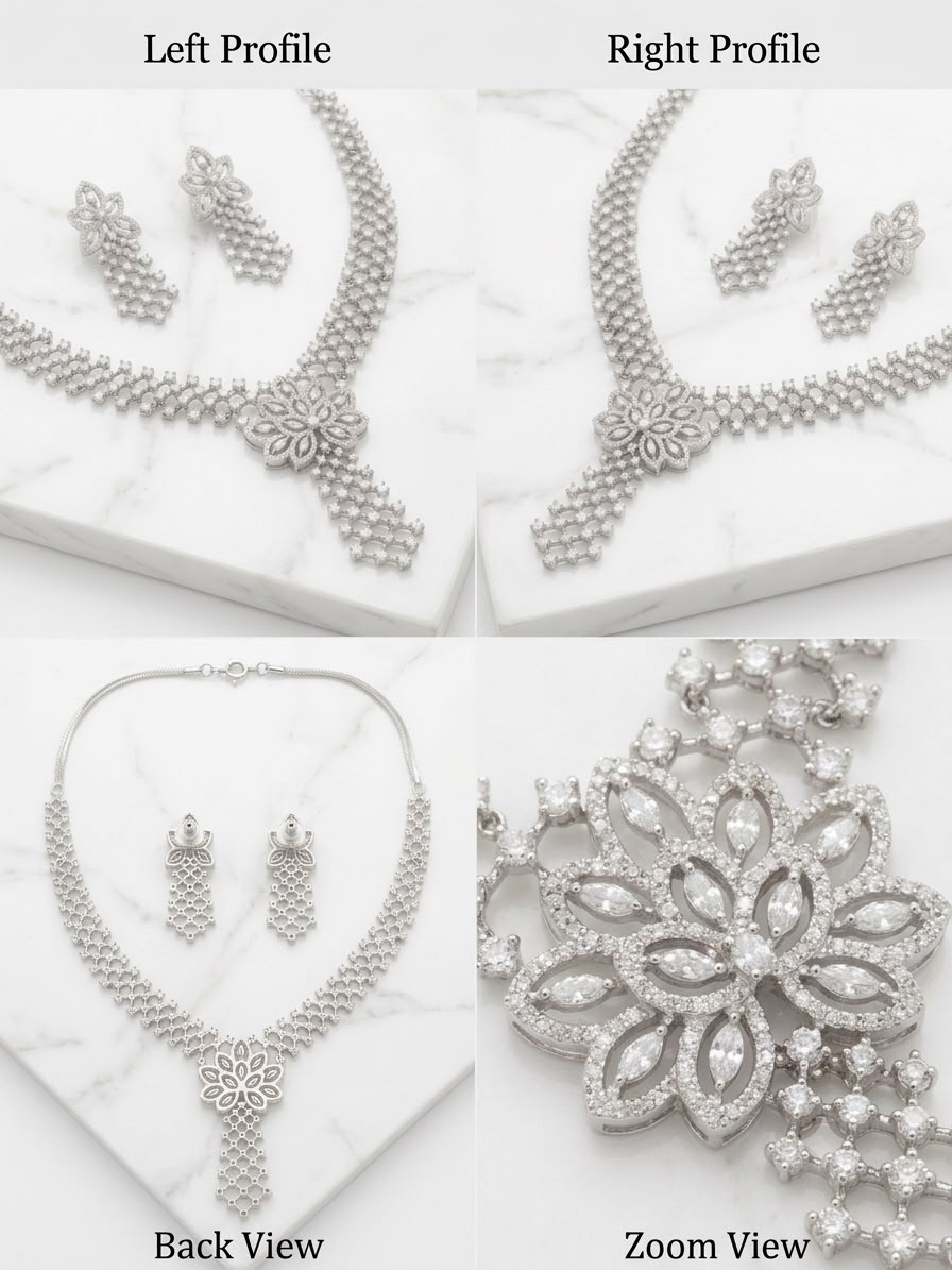 Silver-Tone CZ Floral Necklacewith Earrings | American Diamond | Wedding Jewelry for Women