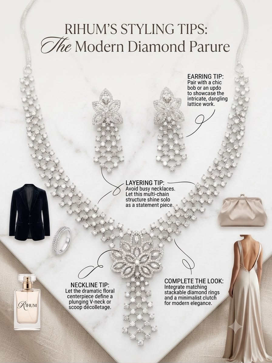 Silver-Tone CZ Floral Necklacewith Earrings | American Diamond | Wedding Jewelry for Women