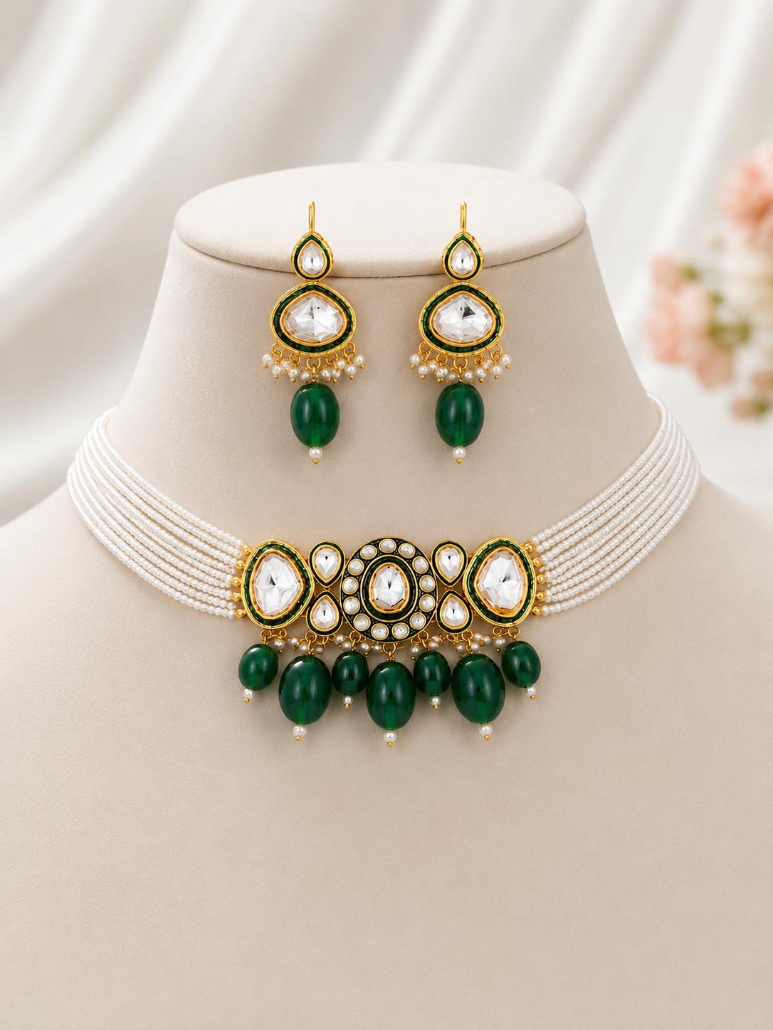 Gold-Plated Faux Kundan Pearl Choker & Earrings Set | Emerald Green | Bridal Wedding Jewelry