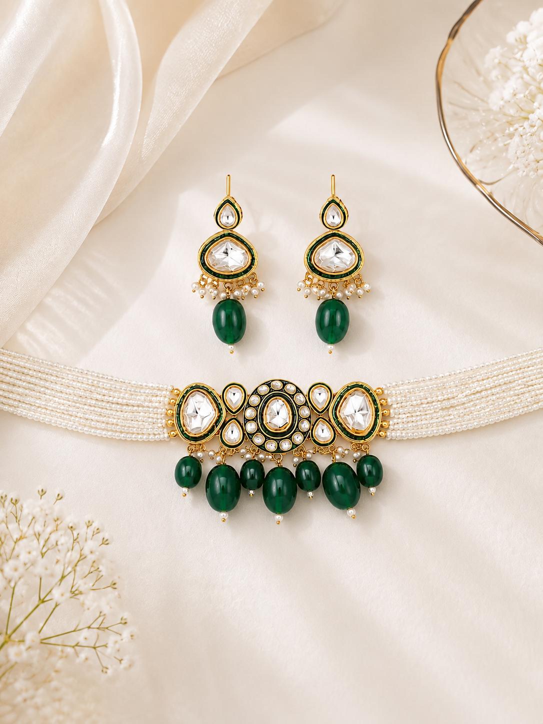 Gold-Plated Faux Kundan Pearl Choker & Earrings Set | Emerald Green | Bridal Wedding Jewelry