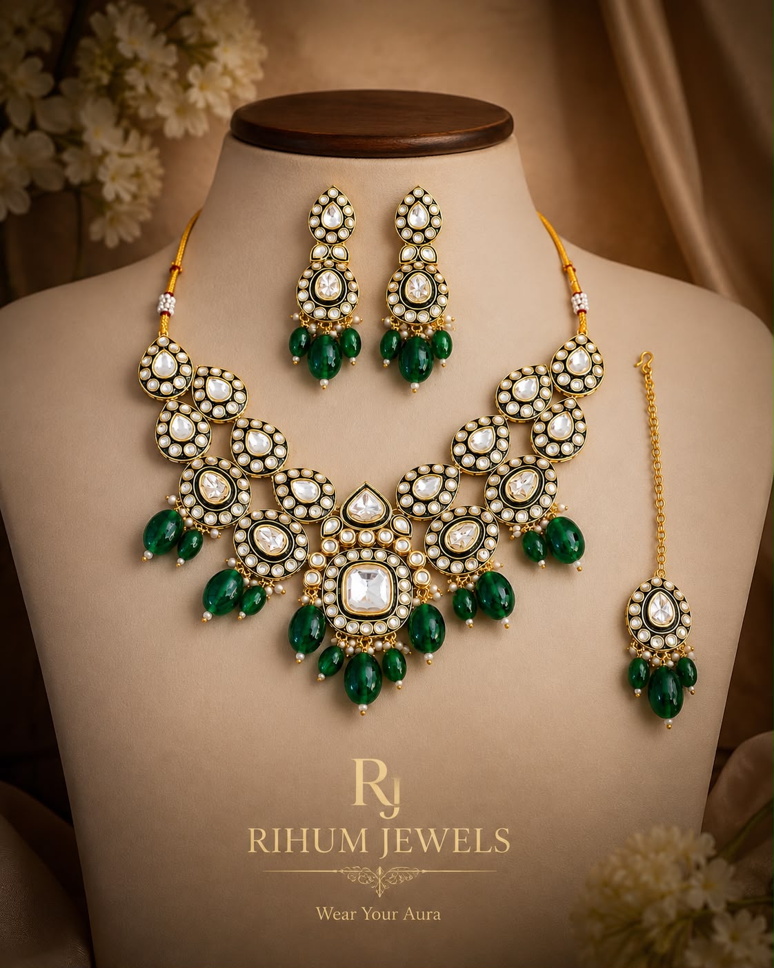 Emerald Green Kundan necklace Set with Drop Earrings & Maang Tikka | Gold-Plated Bridal Jewelry