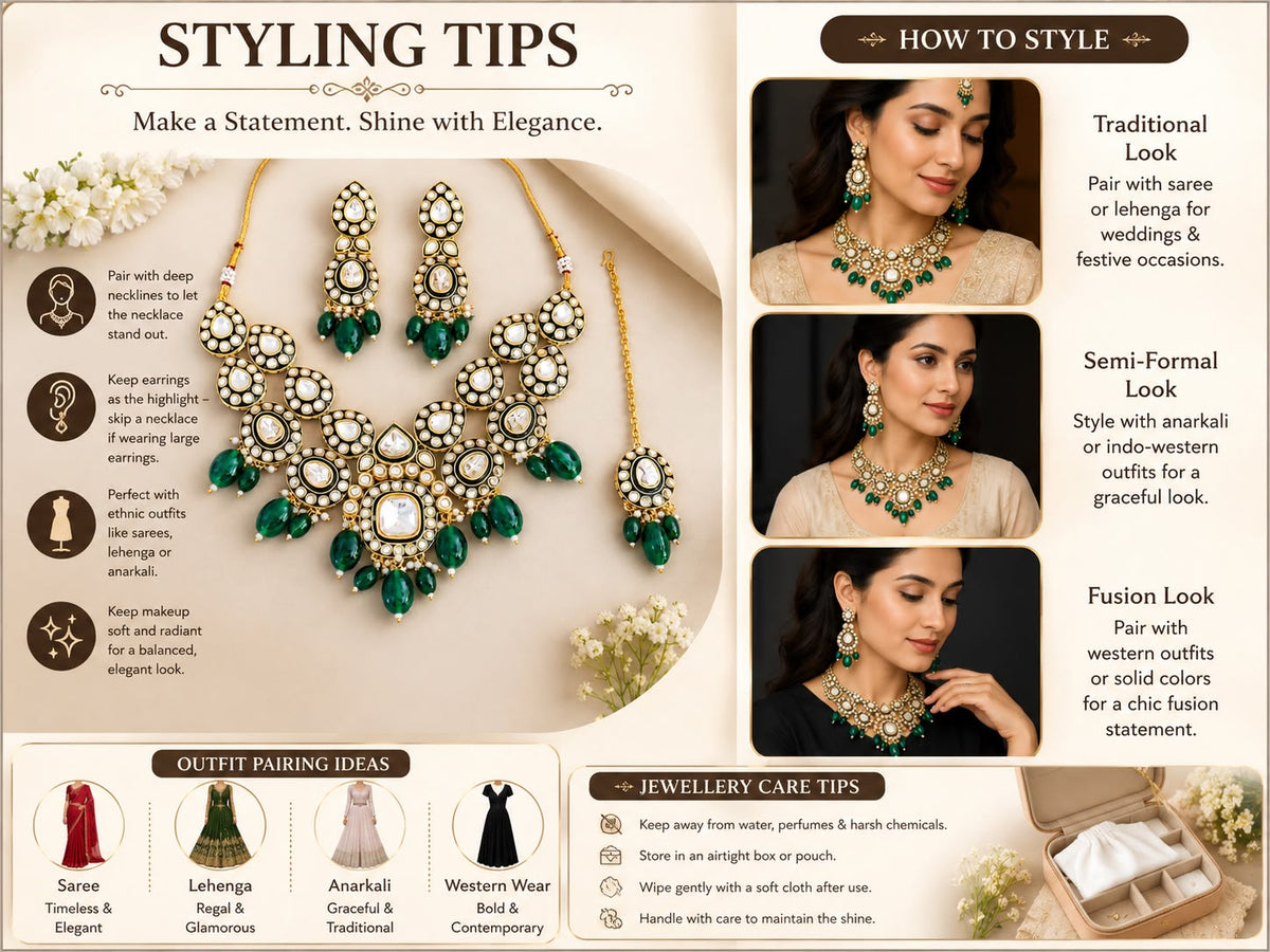 Emerald Green Kundan necklace Set with Drop Earrings & Maang Tikka | Gold-Plated Bridal Jewelry