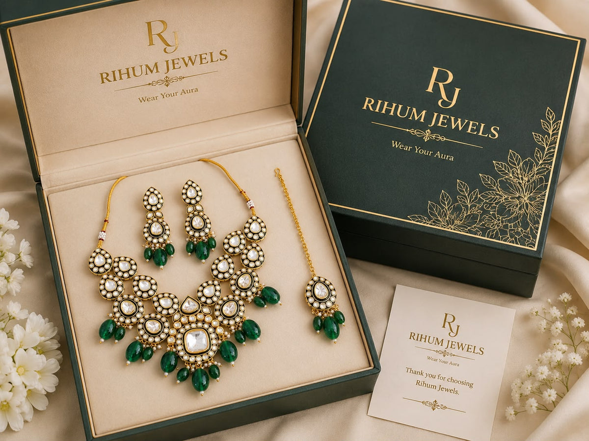 Emerald Green Kundan necklace Set with Drop Earrings & Maang Tikka | Gold-Plated Bridal Jewelry