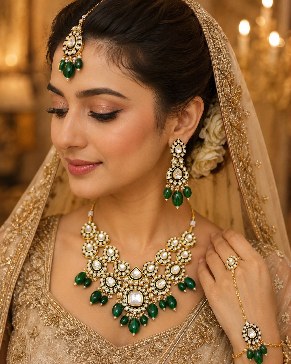 Emerald Green Kundan necklace Set with Drop Earrings & Maang Tikka | Gold-Plated Bridal Jewelry