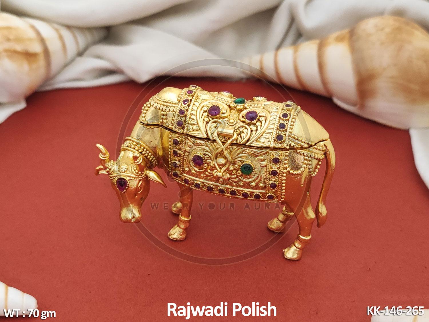 Handcrafted Gold Polish Kamdhenu Sindoor Dibbi | Antique Kumkum Box & Religious Vastu Idol.