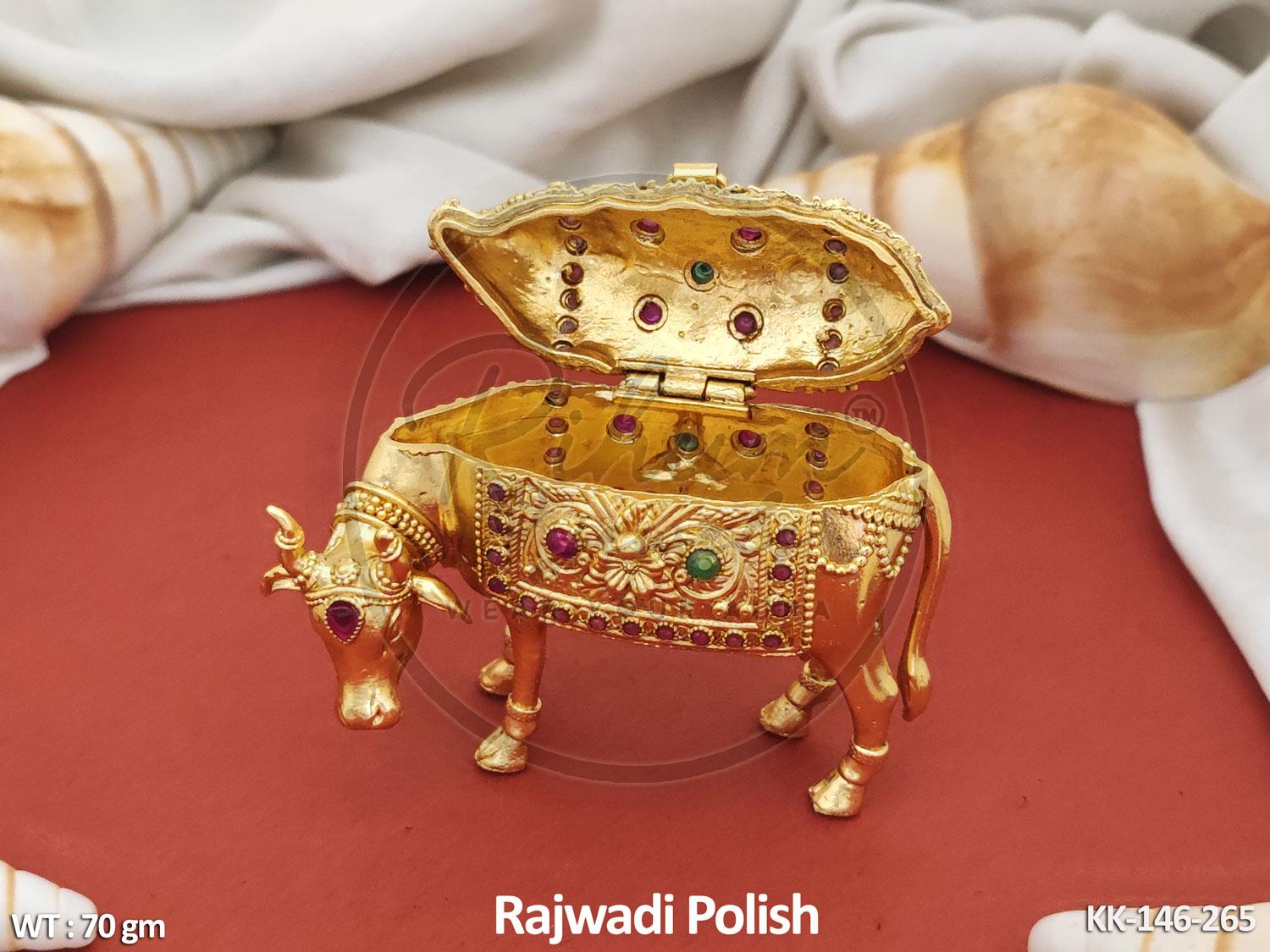 Handcrafted Gold Polish Kamdhenu Sindoor Dibbi | Antique Kumkum Box & Religious Vastu Idol.
