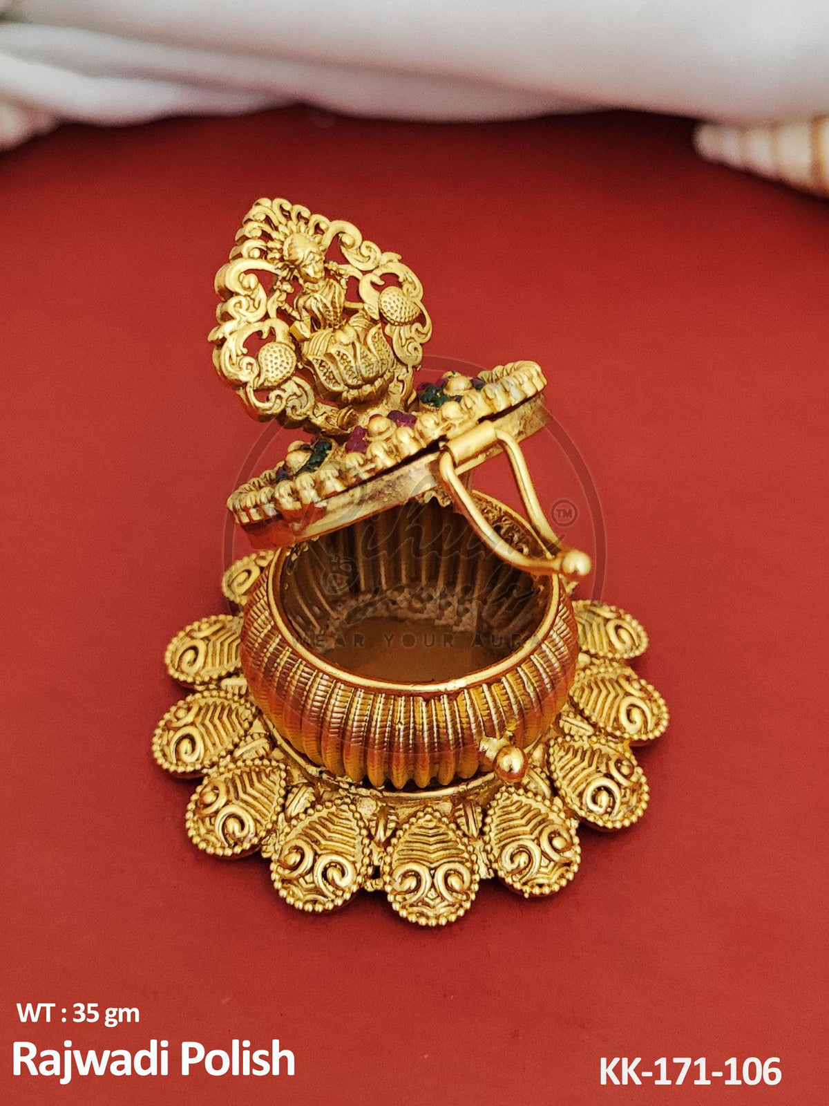 Sacred Goddess Lakshmi Rajwadi Polish Kumkum Box – Ornate Handcrafted Coin Platter Puja Keepsake