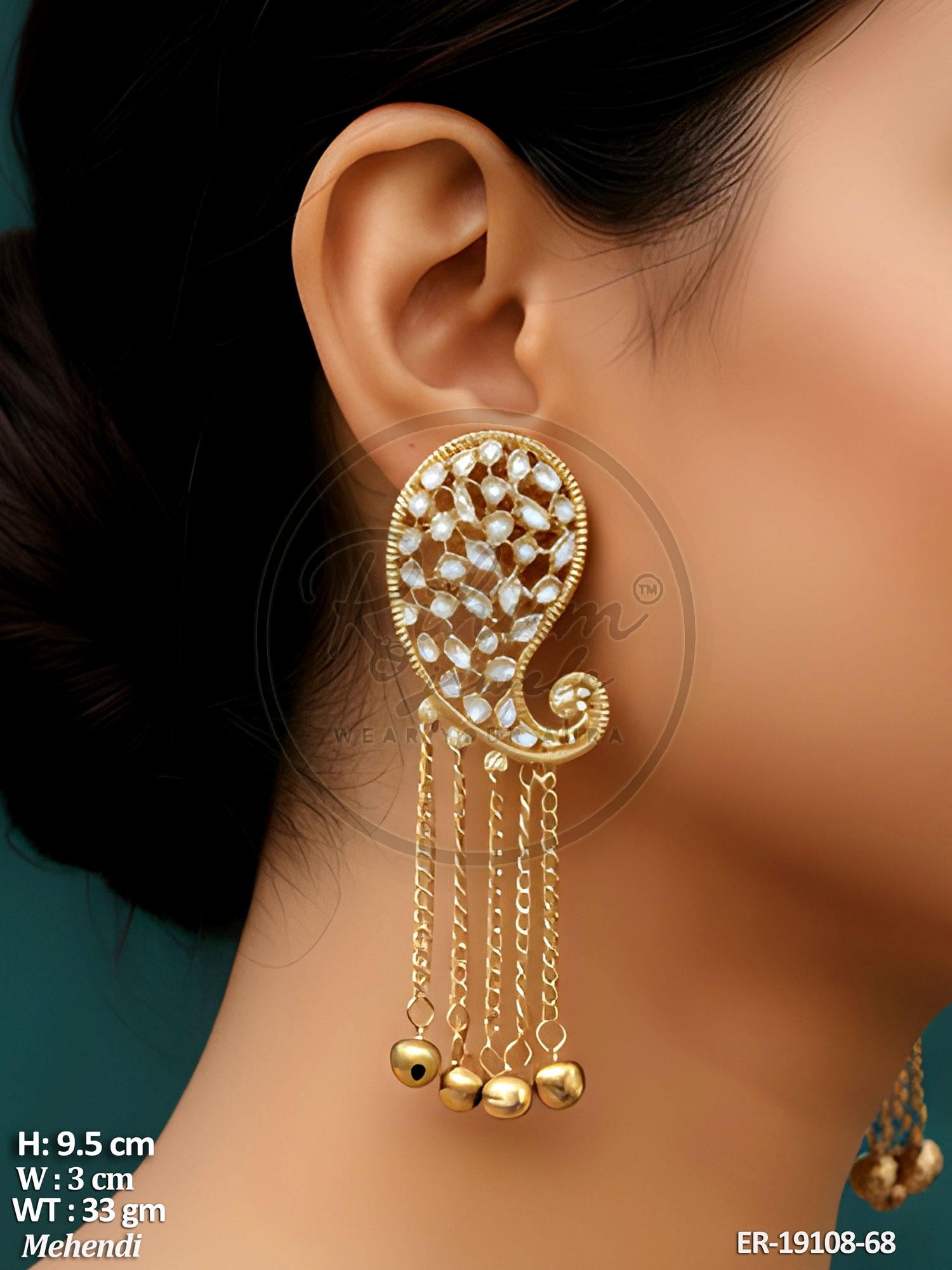 Traditional Mehendi Gold Finish Paisley (Kalka) Kundan Ear-Cuff Style Dangler Earrings with Hanging Ghungroo Chains