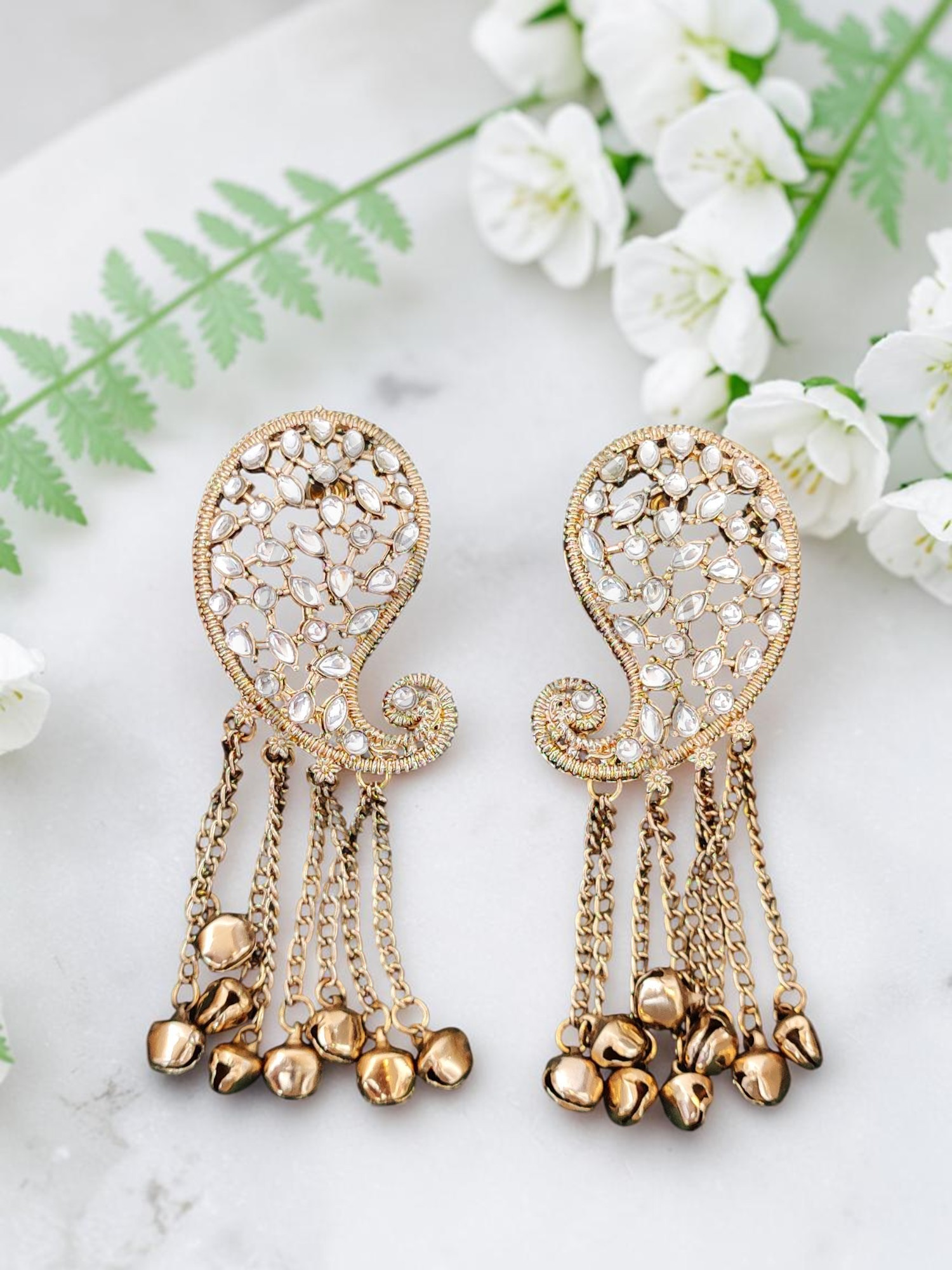 Traditional Mehendi Gold Finish Paisley (Kalka) Kundan Ear-Cuff Style Dangler Earrings with Hanging Ghungroo Chains