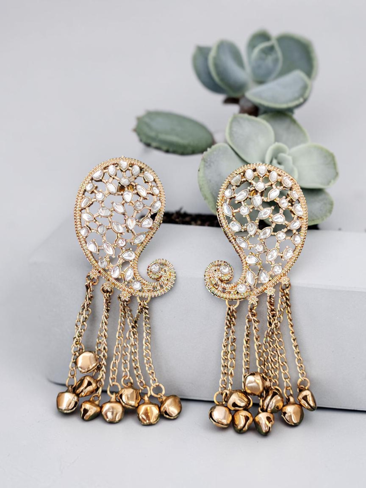 Traditional Mehendi Gold Finish Paisley (Kalka) Kundan Ear-Cuff Style Dangler Earrings with Hanging Ghungroo Chains