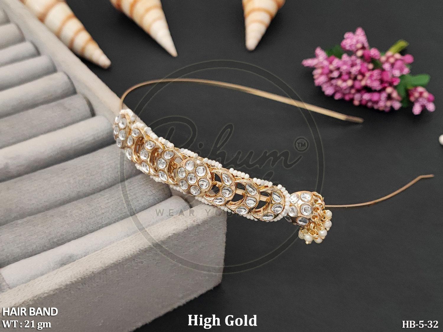 Royal High Gold Pearl-Bordered Kundan Hairband