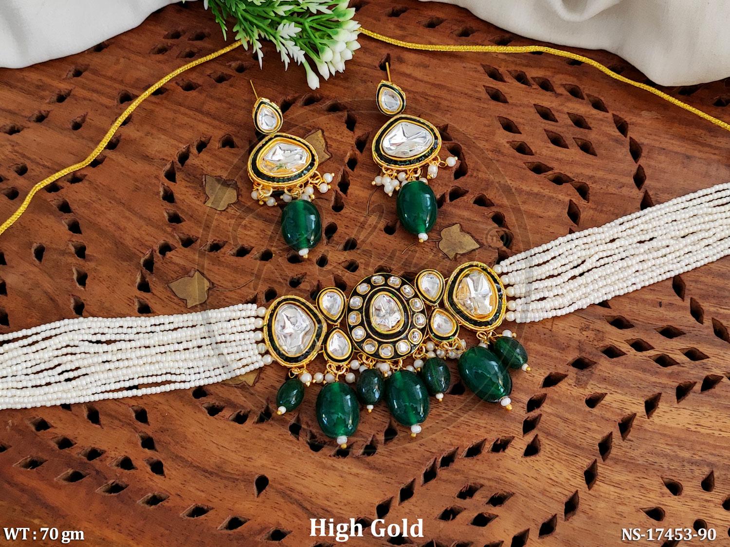 Royal Faux Kundan High Gold Pearl Choker & Earrings Set in Emerald Green