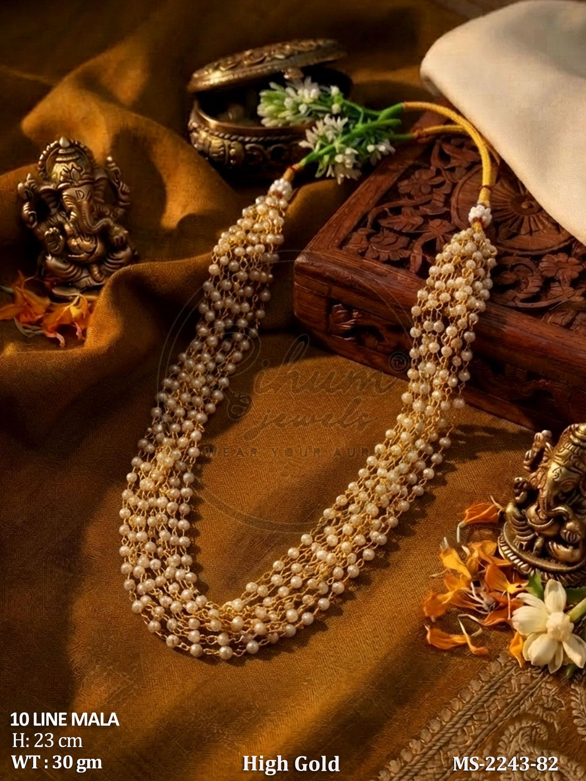 Regal 10-Line Multi-Strand Pearl Mala Necklace – Heritage High Gold Statement Layering Chain