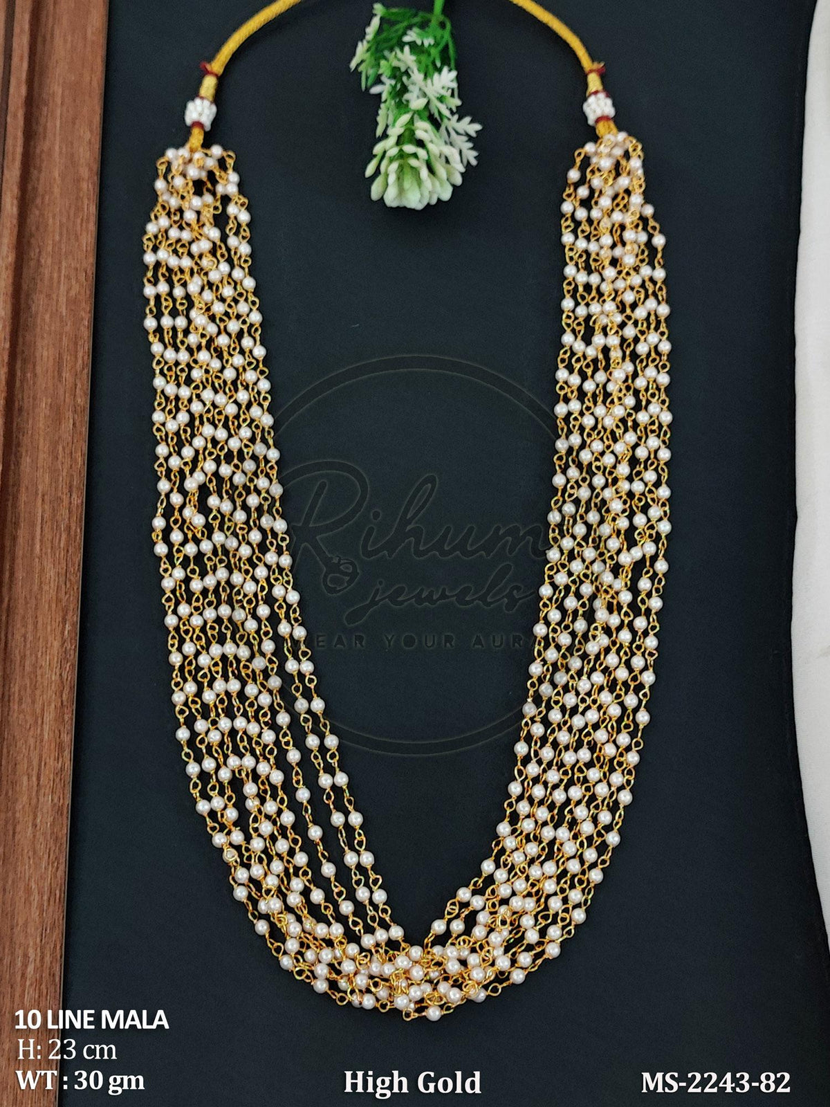Regal 10-Line Multi-Strand Pearl Mala Necklace – Heritage High Gold Statement Layering Chain