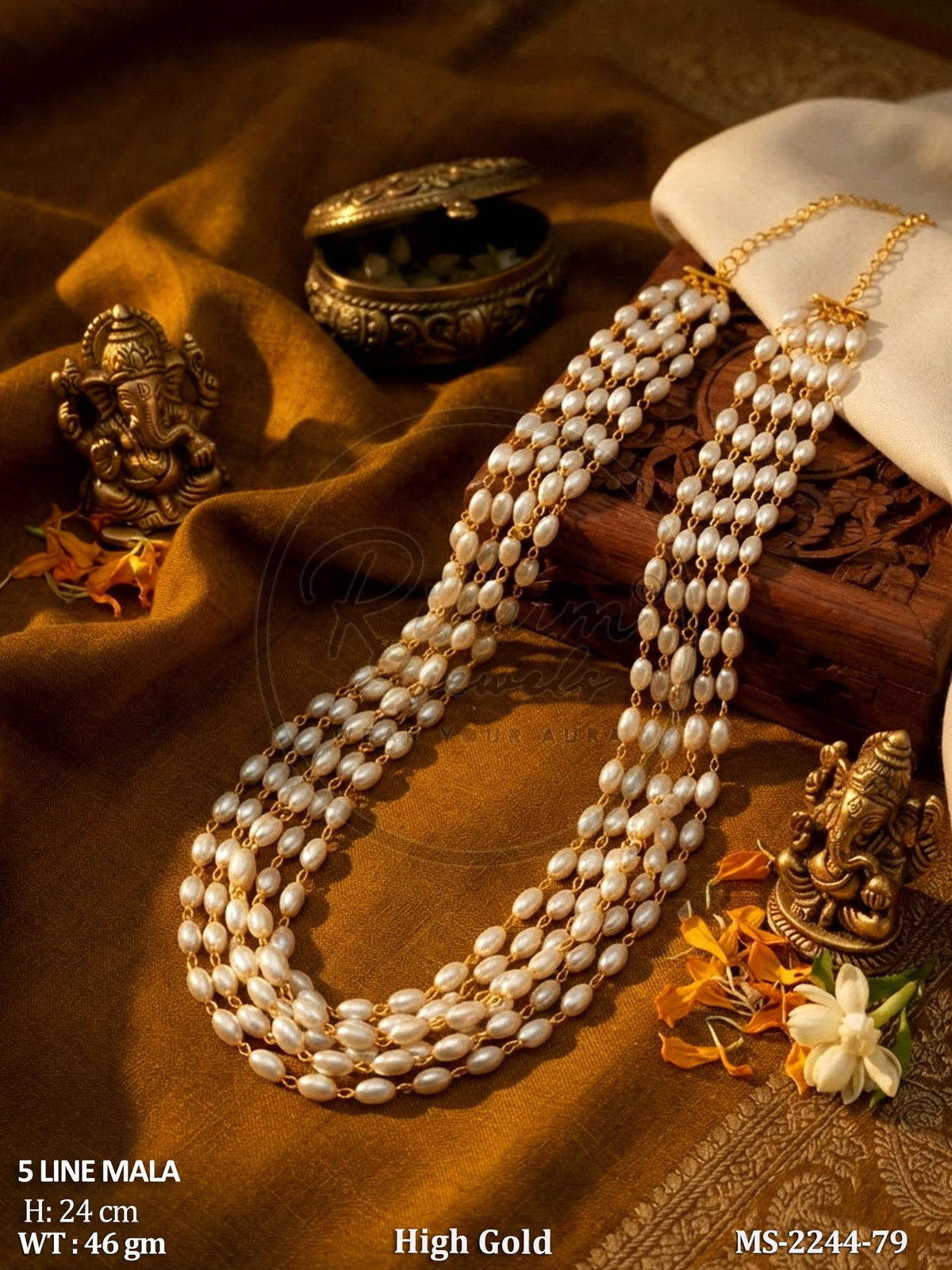 Regal 5-Line Multi-Strand Rice Pearl Mala Necklace – Heritage High Gold Statement Layering Chain