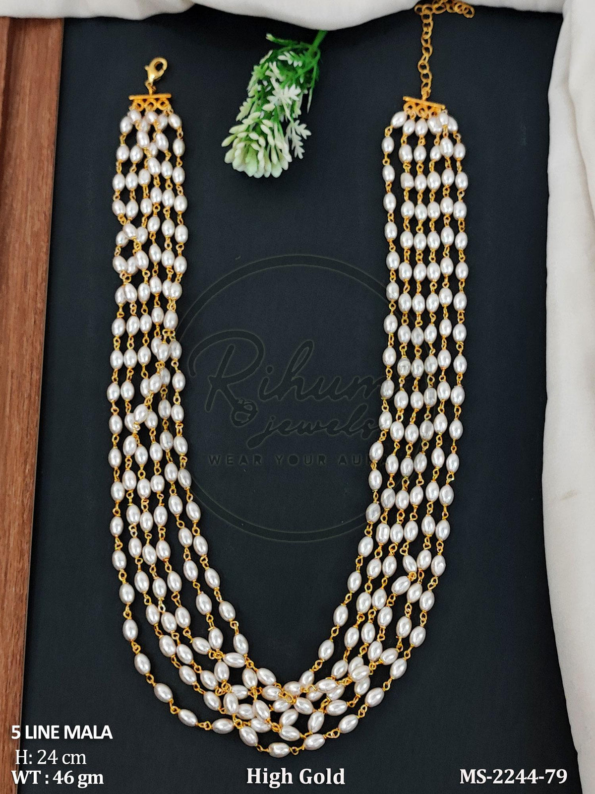 Regal 5-Line Multi-Strand Rice Pearl Mala Necklace – Heritage High Gold Statement Layering Chain