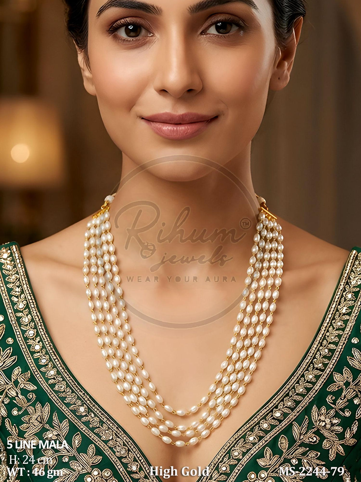 Regal 5-Line Multi-Strand Rice Pearl Mala Necklace – Heritage High Gold Statement Layering Chain
