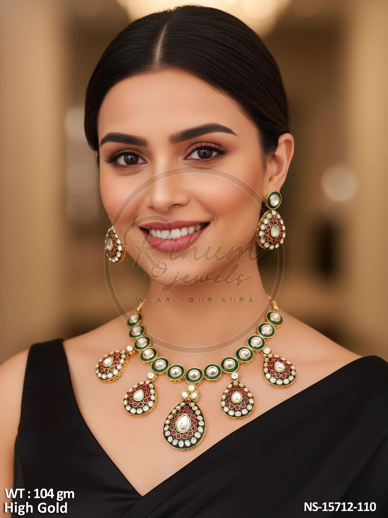 Traditional Kundan Necklace Set with Earrings – Ruby Green Minakari