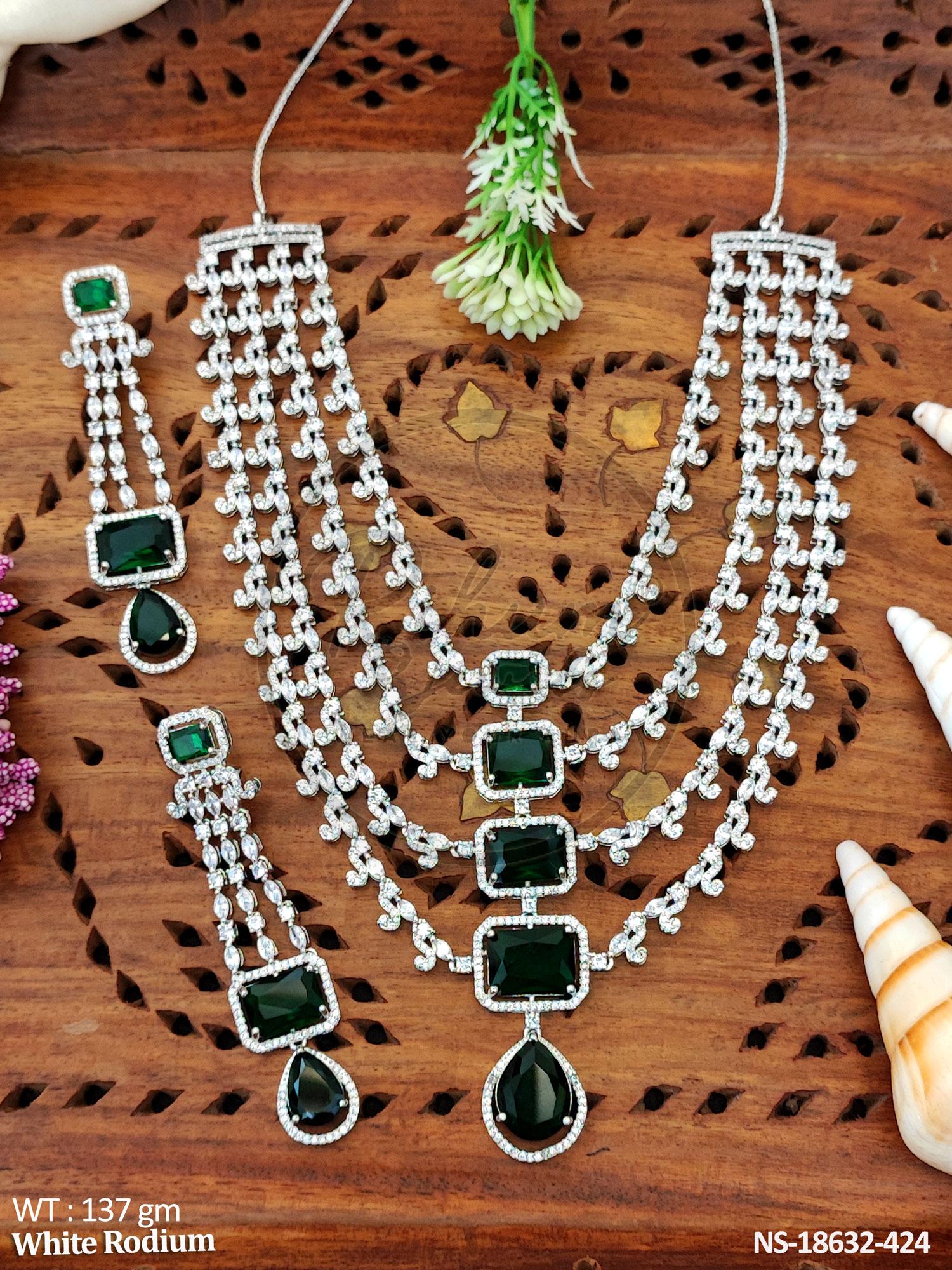Elegant Faux Pink Quartz & CZ Diamond Multi-Layered White Rhodium Necklace Set