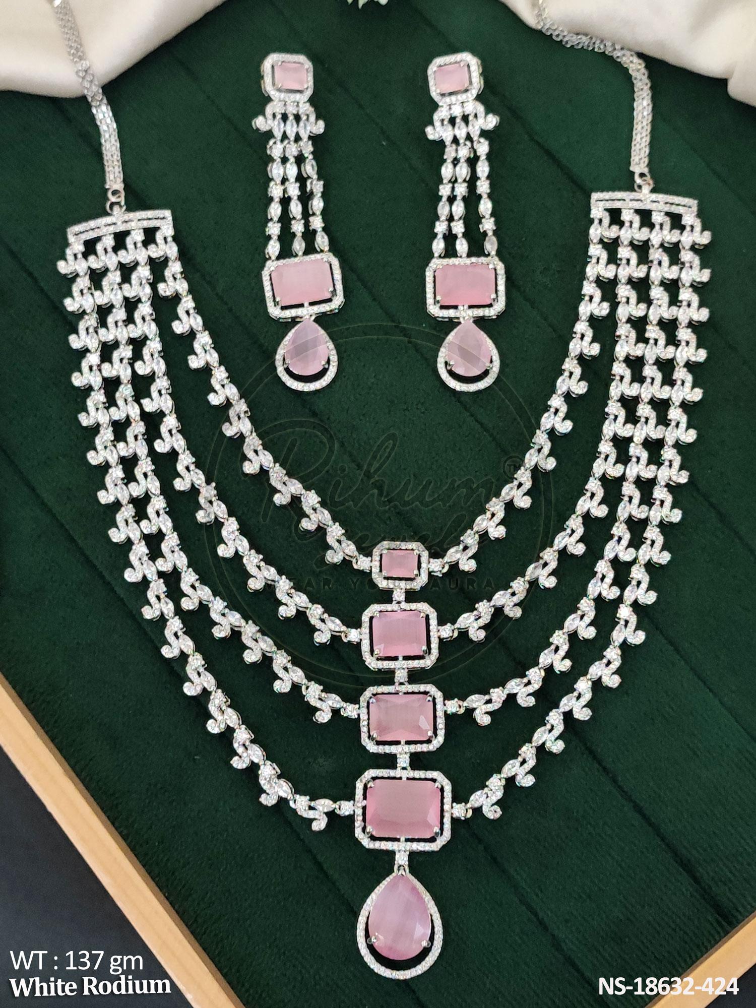Elegant Faux Pink Quartz & CZ Diamond Multi-Layered White Rhodium Necklace Set