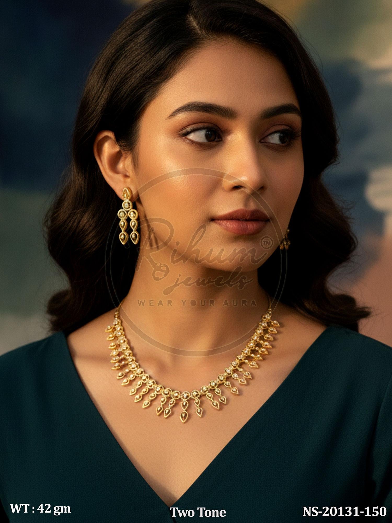 Two-Tone Gold Plated Choker Necklace Set with American Diamond Dangling Earrings.