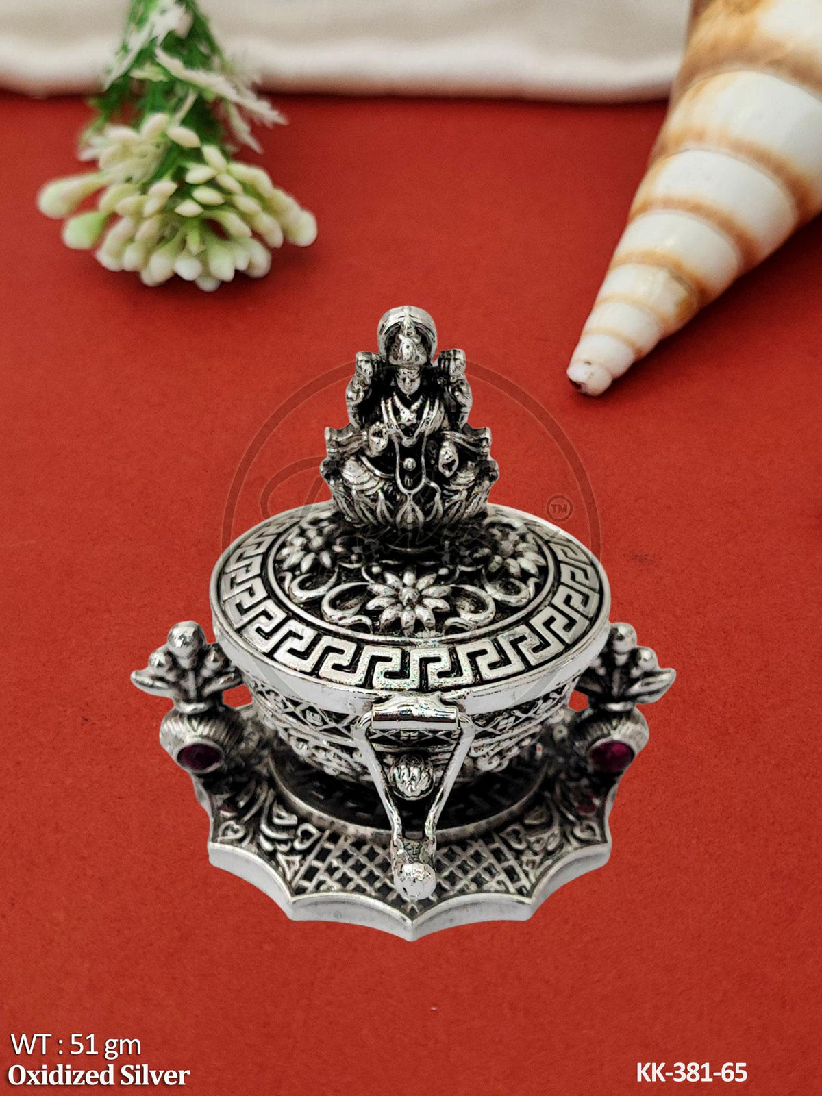 Sacred Goddess Lakshmi Oxidized Silver Kumkum Box – Ornate Handcrafted Puja Keepsake