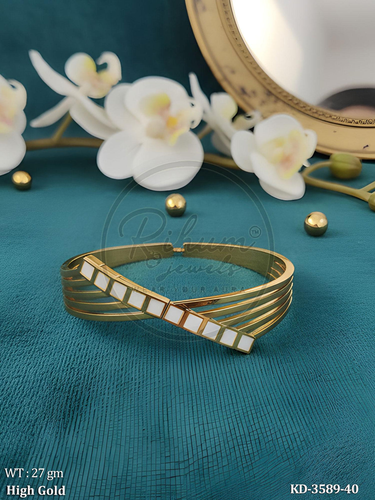 Asymmetric Multi-Row Ribbon Kada Bracelet – Geometric Mother-of-Pearl Inlay High Gold Cuff