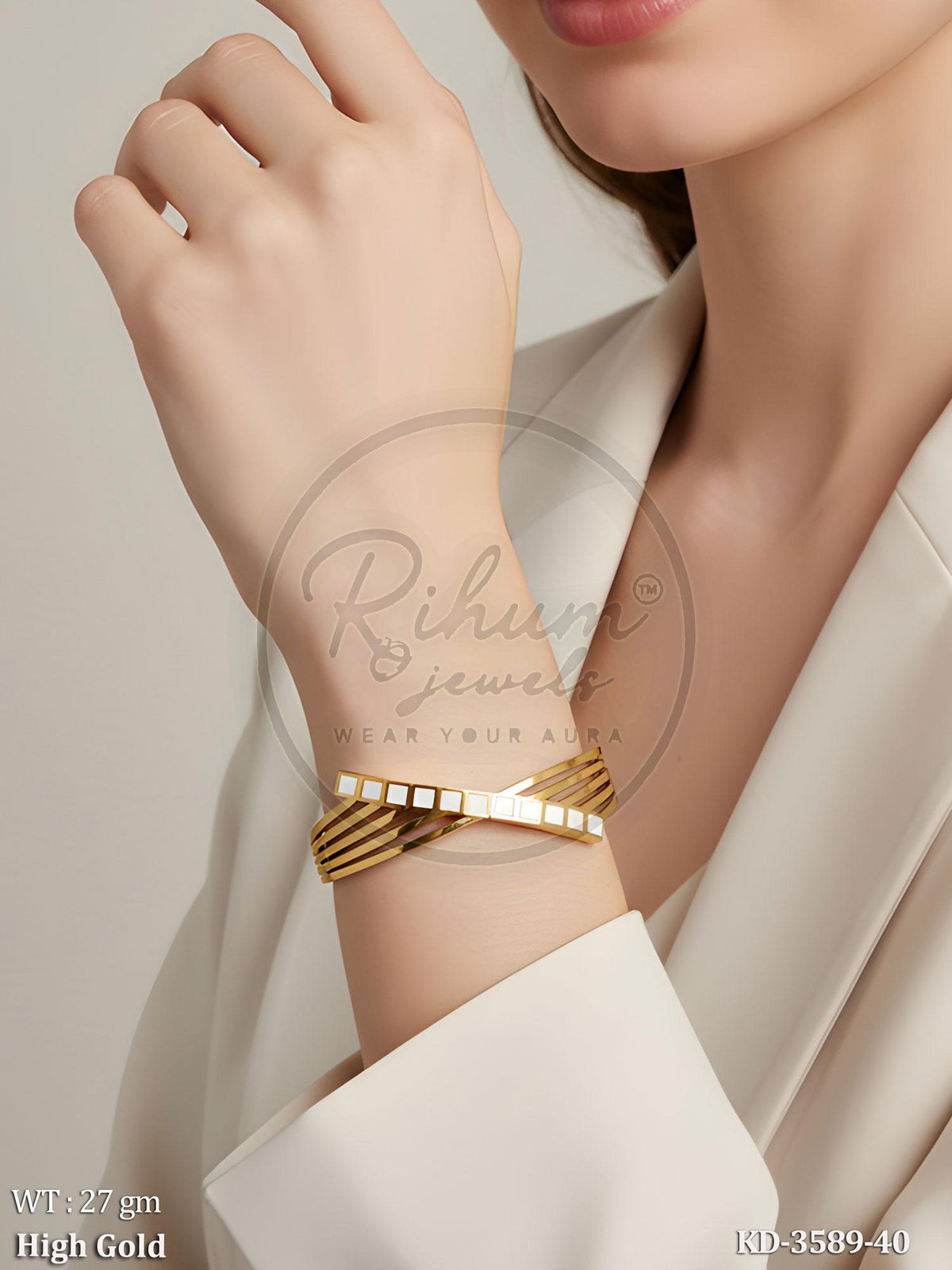 Asymmetric Multi-Row Ribbon Kada Bracelet – Geometric Mother-of-Pearl Inlay High Gold Cuff