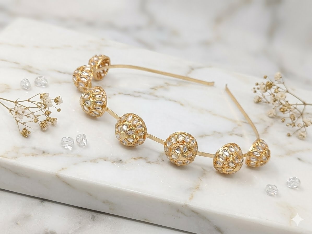 Royal High Gold Textured Kundan Sphere Hairband
