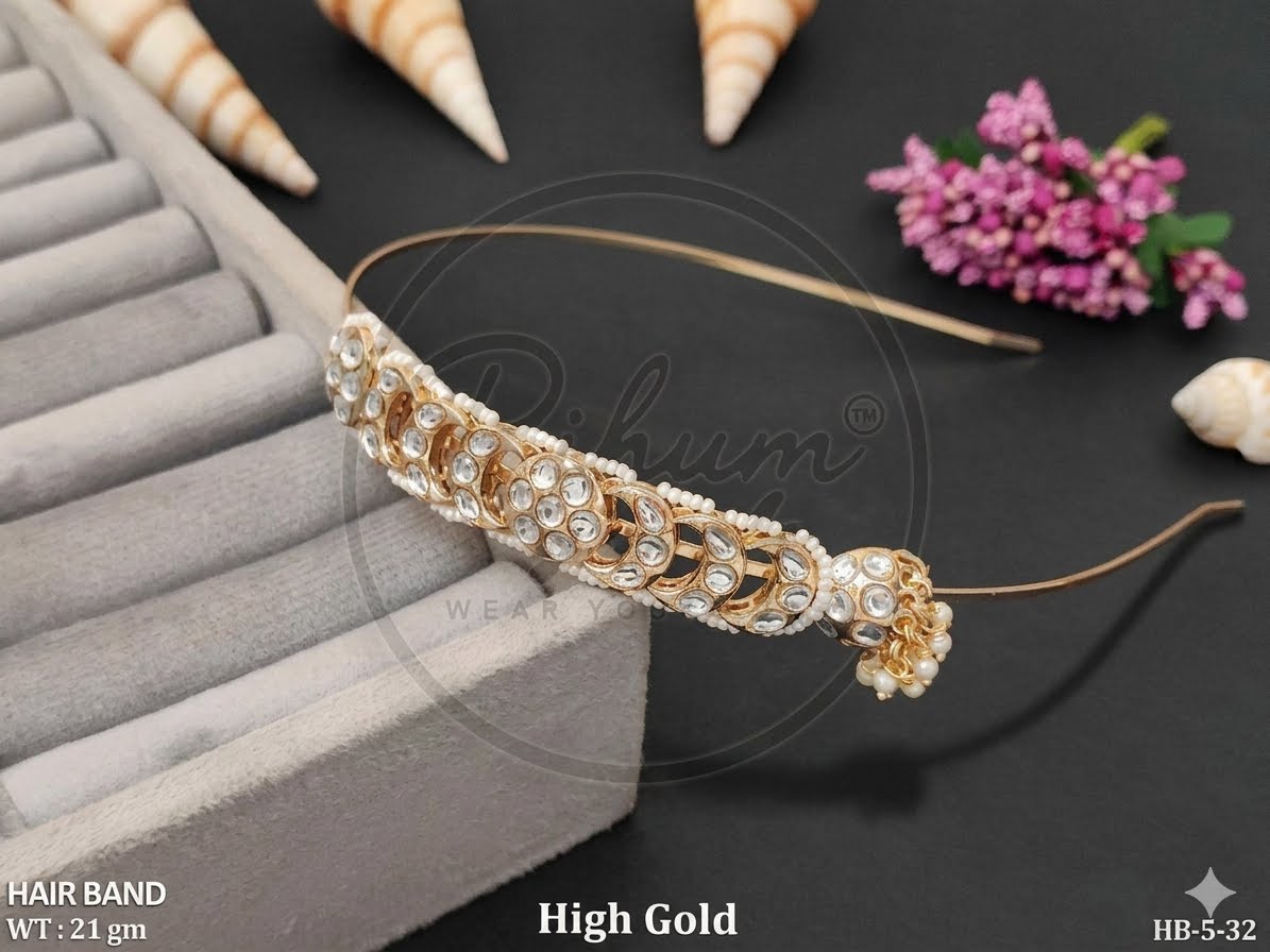 Royal High Gold Pearl-Bordered Kundan Hairband