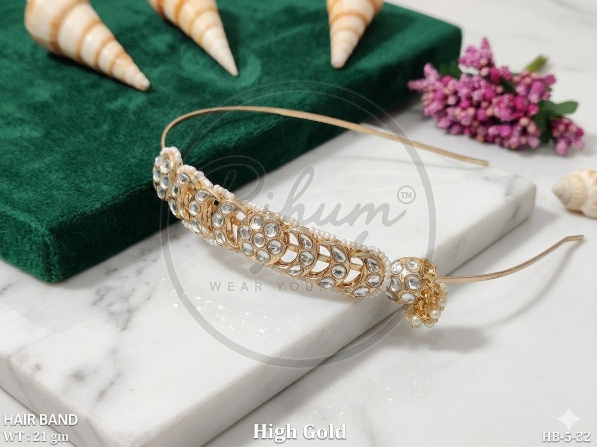 Royal High Gold Pearl-Bordered Kundan Hairband